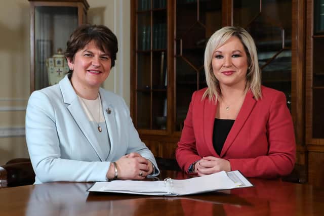 STAYING PUT: First Minister Arlene Foster with deputy First Minister Michelle O'Neill at Parliament Buildings, Stormont. (Photo by Kelvin Boyes  / Press Eye.)