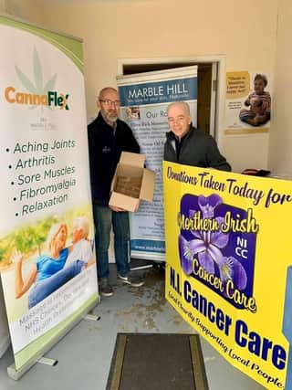 Joe W Doherty and Trevor Doherty from Marble Hill Skincare in Skeoge making their soap donation to Northern Irish Cancer Care. (Photo courtesy of NICC)