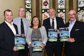 The Mayor, Councillor Michaela Boyle, pictured at the launch of the Five Year Strategic Plan by Institute Football Club in the Guildhall earlier this year with, from left, Patrick Nelson, IFA, Brian Dougherty, Institute, Bill Anderson, Institute Chairman, and Liam Beckett, who was the MC for the evening.