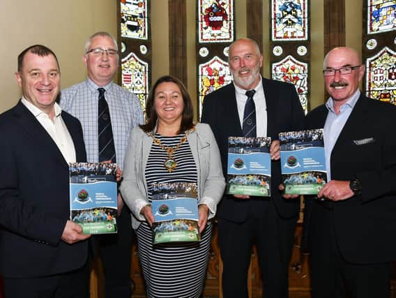 The Mayor, Councillor Michaela Boyle, pictured at the launch of the Five Year Strategic Plan by Institute Football Club in the Guildhall earlier this year with, from left, Patrick Nelson, IFA, Brian Dougherty, Institute, Bill Anderson, Institute Chairman, and Liam Beckett, who was the MC for the evening.