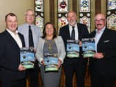 The Mayor, Councillor Michaela Boyle, pictured at the launch of the Five Year Strategic Plan by Institute Football Club in the Guildhall earlier this year with, from left, Patrick Nelson, IFA, Brian Dougherty, Institute, Bill Anderson, Institute Chairman, and Liam Beckett, who was the MC for the evening.