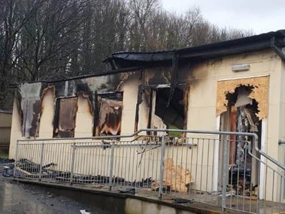 A fire damaged portable cabin at the vacant Strabane Academy site.