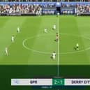 Hugill puts QPR ahead for a second time in the game against Derry City.