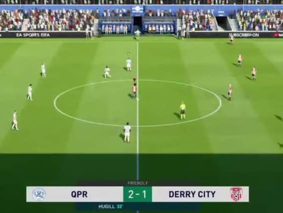 Hugill puts QPR ahead for a second time in the game against Derry City.