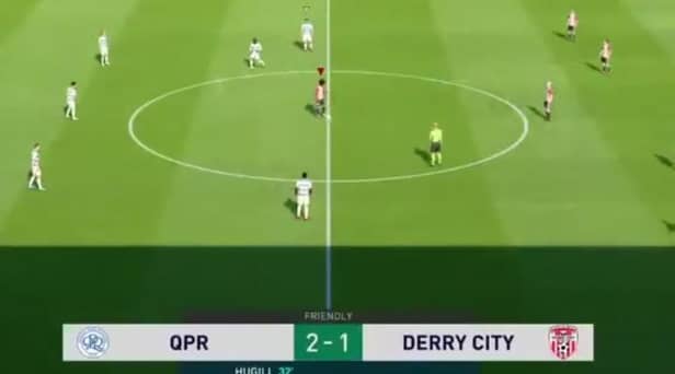 Hugill puts QPR ahead for a second time in the game against Derry City.
