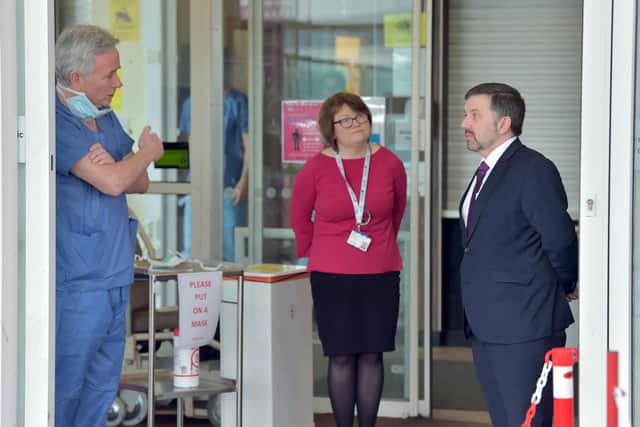 Health Minister Robin Swann visiting the covid-19 centre at Altnagelvin Hospital today 25/03/20
Photo by Simon Graham Photography