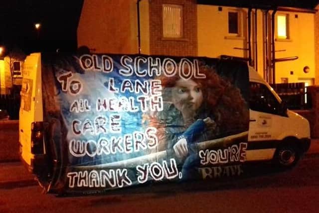 Georgie Cairns photo of the billboard erected at Old School Lane in the Greater Shantallow area on Thursday night as people across Ireland came out on to their doorsteps to Clap for Carers.