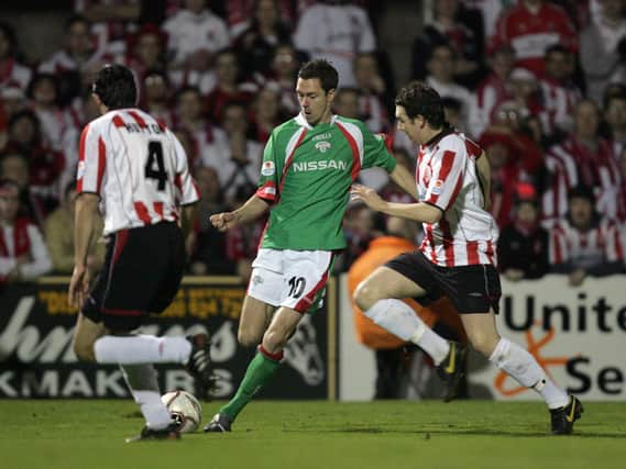George O'Callaghan on the ball against Derry City in the 2005 league decider at Turner's Cross.