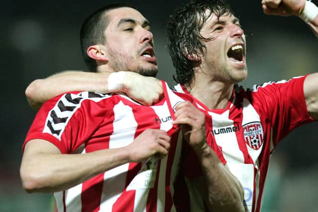 Vinny Sweeney celebrates with Emmett Friars who scored the equalising goal against Cork in Derry City's opening First Division match at Brandywell in 2010.