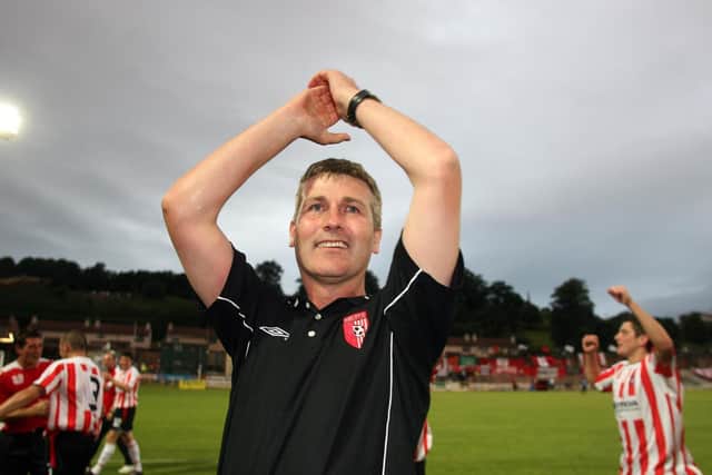Stephen Kenny and his Derry City players celebrate at the Brandywell after his side in 2006 defeated IFK Gothenburg for a second time.