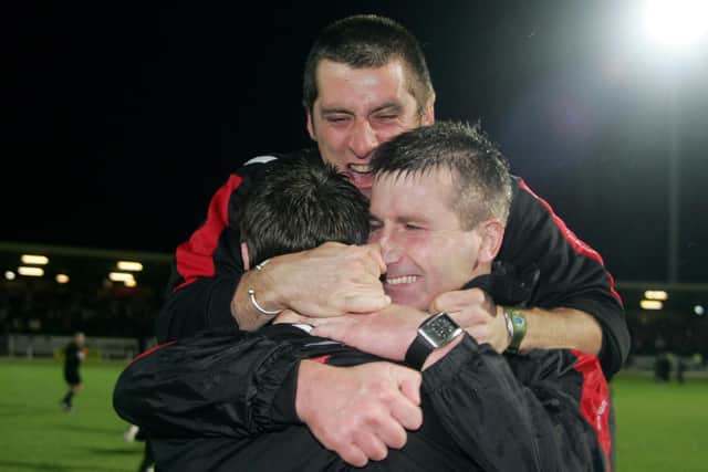 Declan Devine celebrates Derry City's League Cup victory over Shelbourne at Brandywell with Stephen Kenny in 2006.