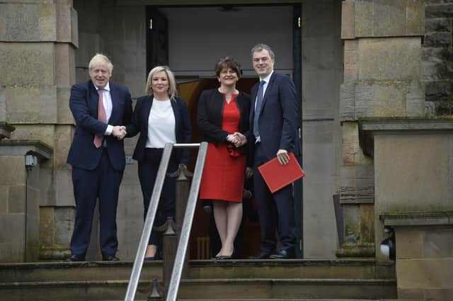 Boris Johnston pictured in January at Stormont Castle with First Minister Arlene Foster,Deputy First Minister Michelle O'Neill and the then Secretaty of State Julian Smith at the start of the new Power Sharing . Presseye/Stephen Hamilton