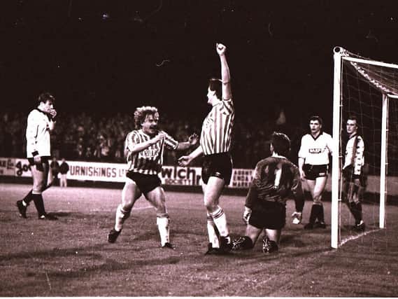 Noel Larkin and Jonathan Speak celebrate Derry's second goal in the 4-0 League Cup Final triumph at Oriel Park in 1988.