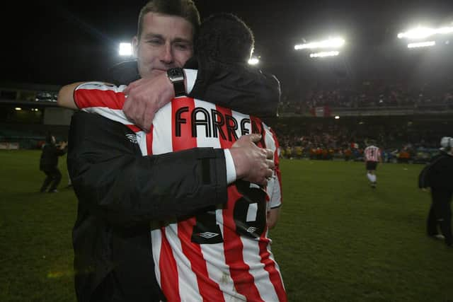 Stephen Kenny and the late Mark Farren embrace.