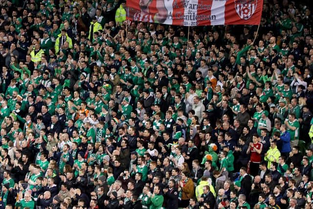 A section of the Ireland support pay tribute to the late Ryan McBride during the FIFA World Cup Qualifier against Wales at the Aviva Stadium in March 2017.
