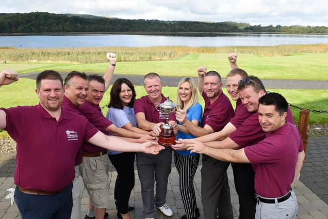 The Northern Ireland Media Team which won the Tourism NI 10th anniversary Writer Cup event at Lough Erne Resort in Fermanagh. Pictured are Team NIs Gareth McCullough, Terry McCartney, board member of Tourism NI, Richard Mulligan, Tourism NIs Orla Farren, Billy Foley, Kate Ferguson of Tourism NI, Maurice Jay, Adam McKendry, Richard Sullivan and Neil McKnight.