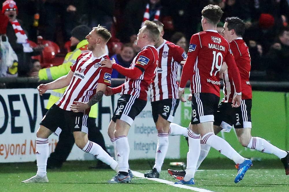 Adam Liddle celebrates his injury time equaliser against Finn Harps at Brandywell.