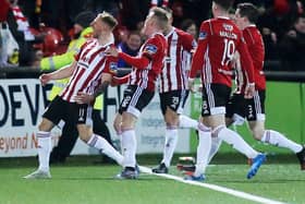 Adam Liddle celebrates his injury time equaliser against Finn Harps at Brandywell.