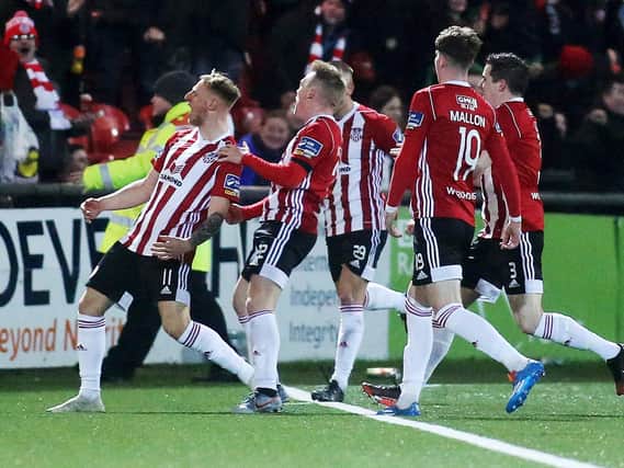 Adam Liddle celebrates his injury time equaliser against Finn Harps at Brandywell.