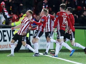 Adam Liddle celebrates his injury time equaliser against Finn Harps at Brandywell.