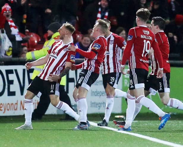 Adam Liddle celebrates his injury time equaliser against Finn Harps at Brandywell.