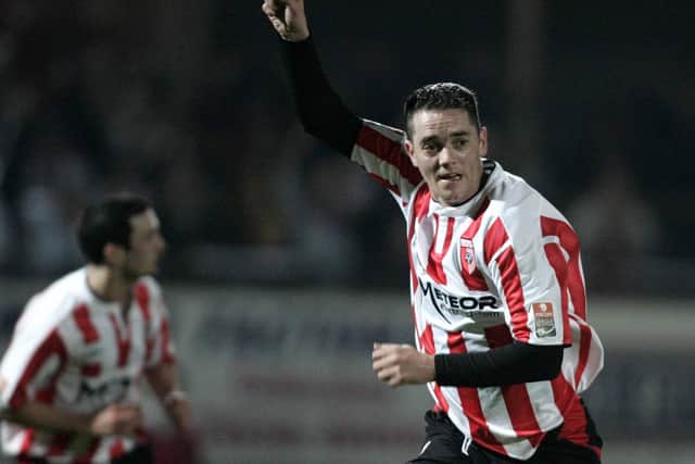 Gary Beckett celebrates after scoring against Linfield in the Setanta Cup.