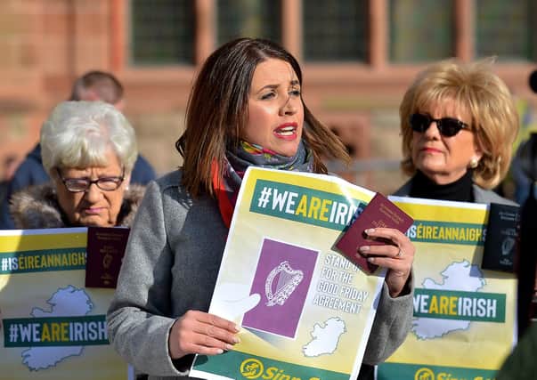 2019: Foyle MP Elisha McCallion speaking at the ‘We Are Irish’ rally, organised by Sinn Fein, held in Guildhall Square last year. DER4119GS - 041