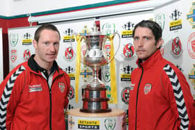 Barry Molloy and Ruaidhri Higgins pictured representing Derry City with the Setanta Cup in 2012.
