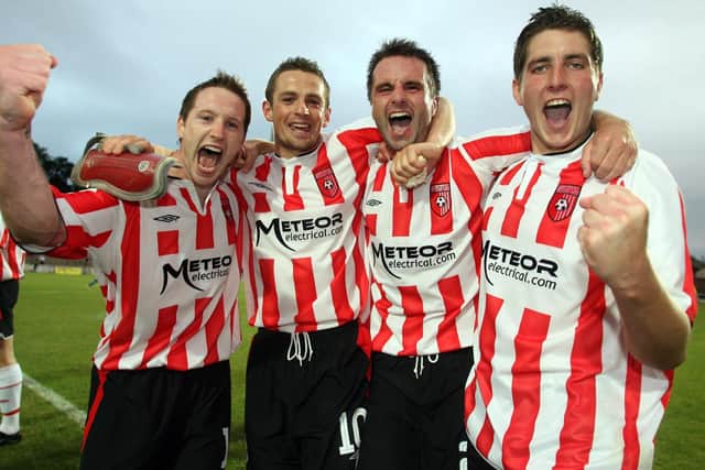 Barry Molloy (left) and Ruaidhri Higgins (far right) pictured with former teammates, Kevin McHugh and Darren Kelly during their Derry City playing days.