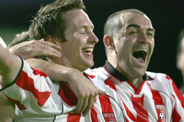 Barry Molloy celebrates with Sean Hargan after he scored the winning goal against Cork in 2005 - a goal he believes launched his City career.