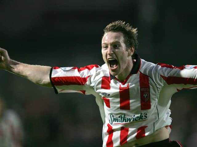 Barry Molloy celebrates after he scored the winning goal in the league match against Cork City in August 2005.