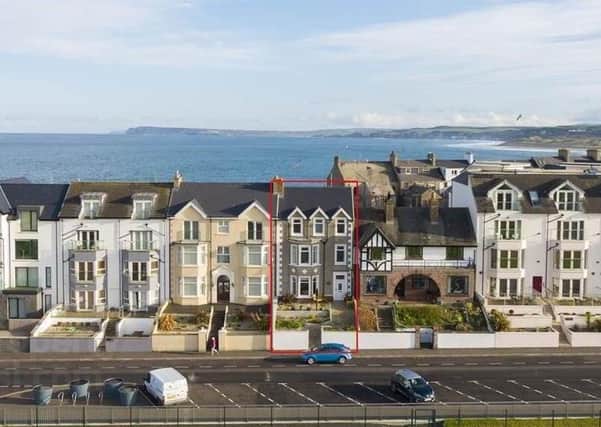 This nine bedroom mid-terrace property in Portrush (outlined here in red) enjoys wonderful views across Ramore Head and the Atlantic Ocean.