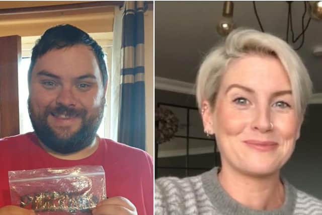 John Lynch with the Lottery ticket delivered by a kind stranger and Winning Streak presenter Sinead Kennedy delivering her video message.