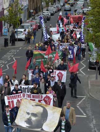 The Derry Trades Council May Day march moves along Carlise Road towards the city centre on Saturday last. DER1717GS020