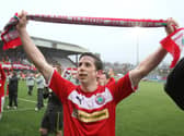 Cliftonville's Eamonn Seydak celebrates winning the Premiership in 2013.