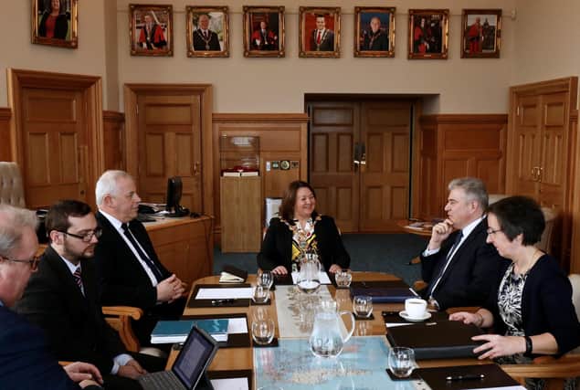 Secretary of State Brandon Lewis in talks with Mayor Michaela Boyle and Council CEO John Kelpie back in February. (PressEye)