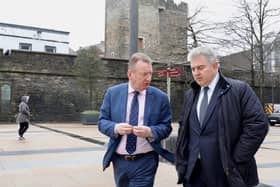 NI Secretary of State Brandon Lewis with Jim Roddy during his visit to Derry back in February. (Darren kidd/ PresEye)