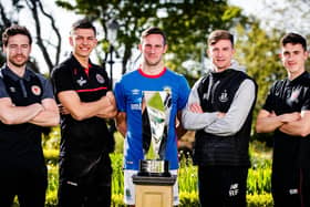 Linfield player Andrew Waterworth with League of Ireland players representing St. Pats' Barry Murphy, Bohs' Cristian Magerusan, Shamrock Rovers' Ronan Finn and Jamie McGrath of Dundalk.