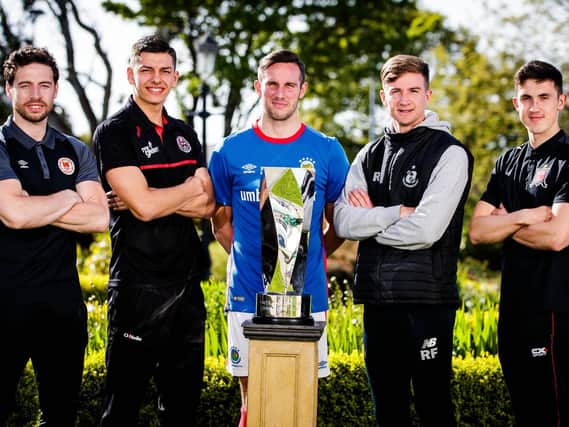 Linfield player Andrew Waterworth with League of Ireland players representing St. Pats' Barry Murphy, Bohs' Cristian Magerusan, Shamrock Rovers' Ronan Finn and Jamie McGrath of Dundalk.