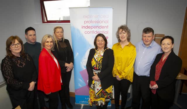 The Mayor of Derry City and Strabane District Council, Michaela Boyle pictured with Jackie Gallagher, manager, Advice North West (formerly Citizens Advice Bureau), Embassy Buildings, Derry at Mondayâ€TMs Re-Branding Launch. Included are members from the Strabane office, from left, Helen McGlinchey, Ronan Moyne, Deputy Manager, Rosaleen French, Sheena McIvor, Sean McCallion and Charlene Dunleavy.