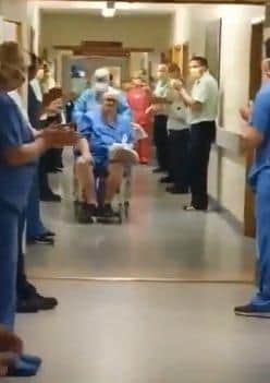 Danny Ogle gets a standing ovation from staff as he leaves the Intensive Care Unit at Altnagelvin Hospital.