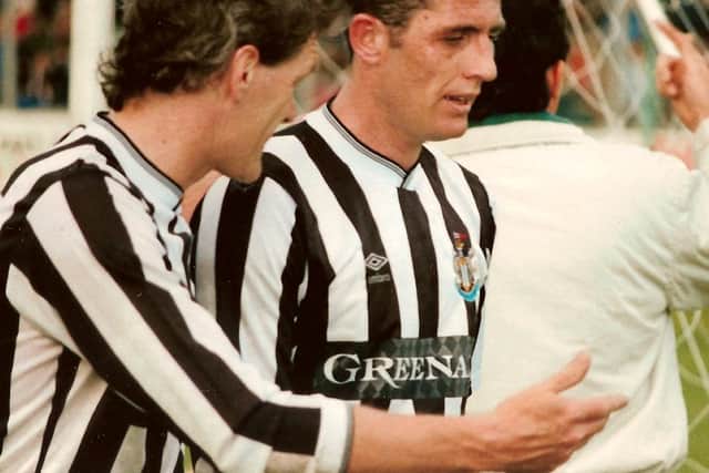 Newcastle United captain, Roy Aitken and Liam O'Brien pictured during the Liam Coyle testimonial match in 1990 at Brandywell Stadium.