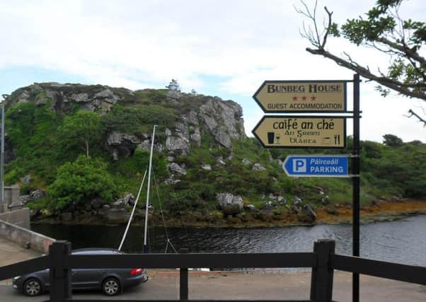 Signage at An Bun Beag harbour in the Gaeltacht.