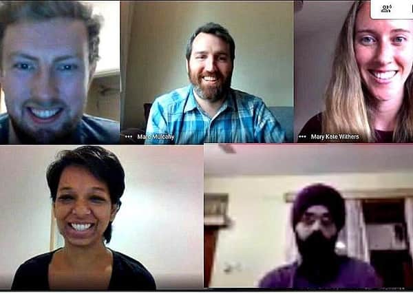 Five of the members of  members of ‘Team Tionchar’ in a Zoom meeting with Spraoi agus Spórt (top from left to right Jordan Nally, Marc Mulcahy & Mary Kate Withers and bottom from left to right Neha Verma & Namandeep Singh Arora