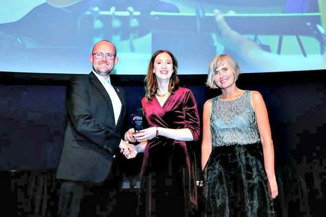 Co-founder and Director of Spraoi agus Spórt Helen Nolan (centre) receiving the highly coveted ‘Social Enterprise of the Year’ award at the prestigious Charity Impact Awards in the Mansion House, Dublin on 10 December 2019.