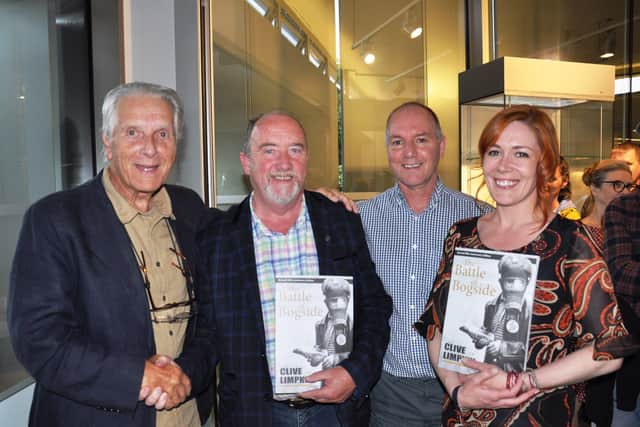 August 2019... Clive Limpkin (on left) with Raymond Craig, Guildhall Press, Tony Doherty, Bloody Sunday Trust and Julieann Campnell, Museum of Free Derry.