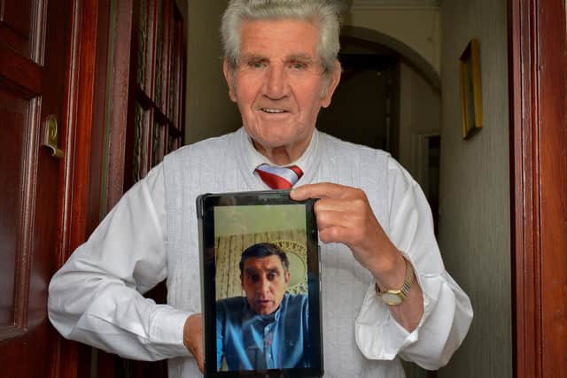 BIRTHDAY GREETINGS . . . Derry City legend, Willie Curran pictured with his happy birthday message from City manager, Declan Devine.