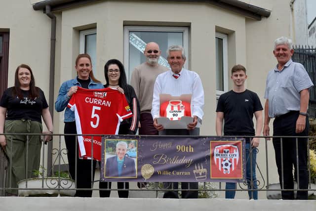 Former Derry City centre-half Willie Curran celebrates his 90th birthday with family on Sunday afternoon last. From left are granddaughter Shauna, daughter Maura, granddaughter Karen, son-in-law Paul, grandson Aidan and son Liam.