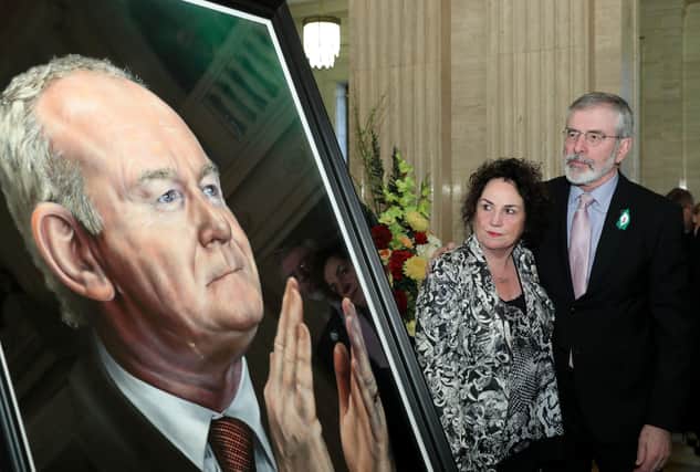2018: Gerry Adams with Bernie McGuinness at the unveiling of a portrait of Martin McGuinness commissioned by the NI Assembly Commission for Parliament Buildings. (Photo William Cherry/ PressEye)