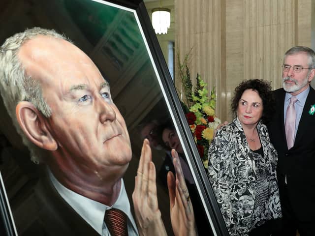 2018:  Gerry Adams with Bernie McGuinness at the unveiling of a portrait of Martin McGuinness commissioned by the NI Assembly Commission for Parliament Buildings. (Photo William Cherry/ PressEye)